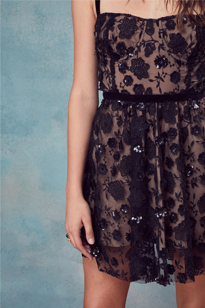 for love and lemons beatrice mini dress BNWT For Love & Lemons Beatrice Strappy Embroidered Sequin Mini Dress Black S